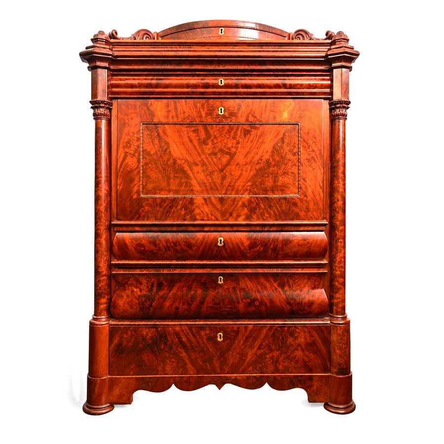Secreter abattant francés de caoba flameada, circa 1840